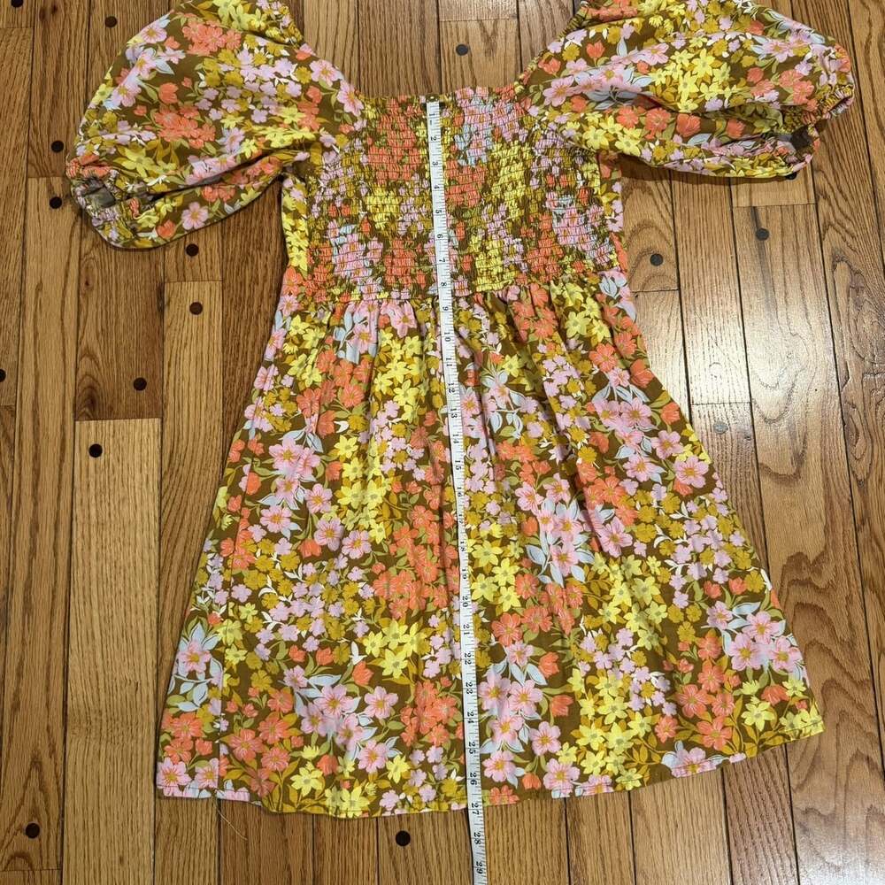 Billabong Women L Floral Mini Dress Square Neck Puff Sleeve Smocked Boho - Picture 11 of 12